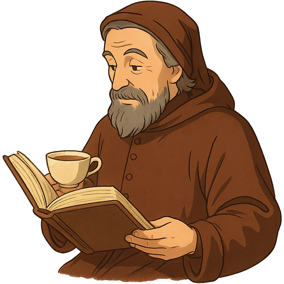 Chaucer reading a book and drinking tea, detailed, warm colors, ghibli style emoji