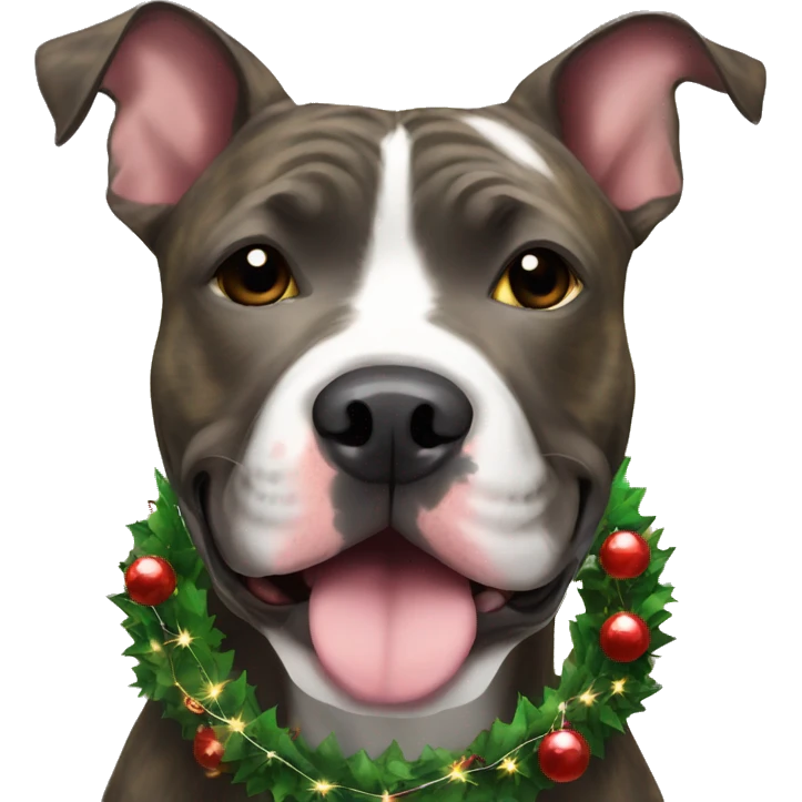 All brindle pittie wearing a Christmas wreath and Christmas lights around neck emoji