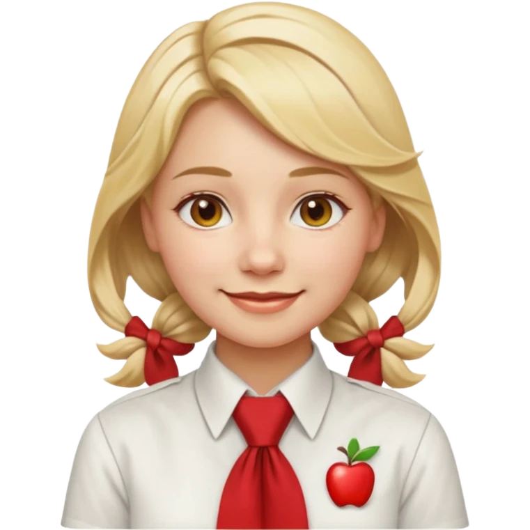 A Soviet pioneer girl emoji — smiling young girl wearing a white shirt and a bright red pioneer necktie tied in a loose triangle knot with wide ends (not a formal tie). No hat or headwear. Blonde hair, friendly face, flat minimal emoji style, Apple emoji aesthetic, clean outlines and soft shading. emoji