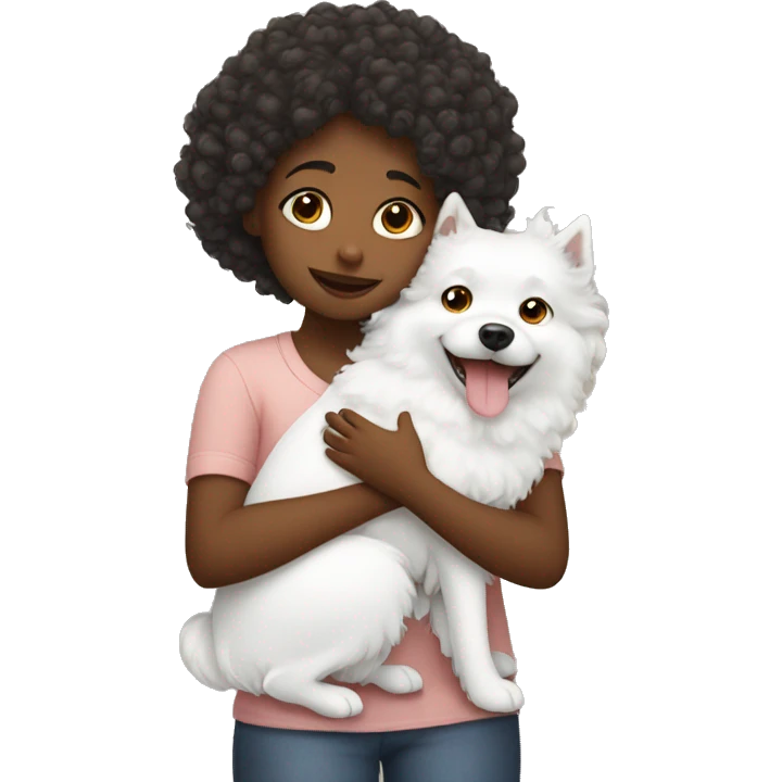 Curly girl hugging white spitz dog  emoji
