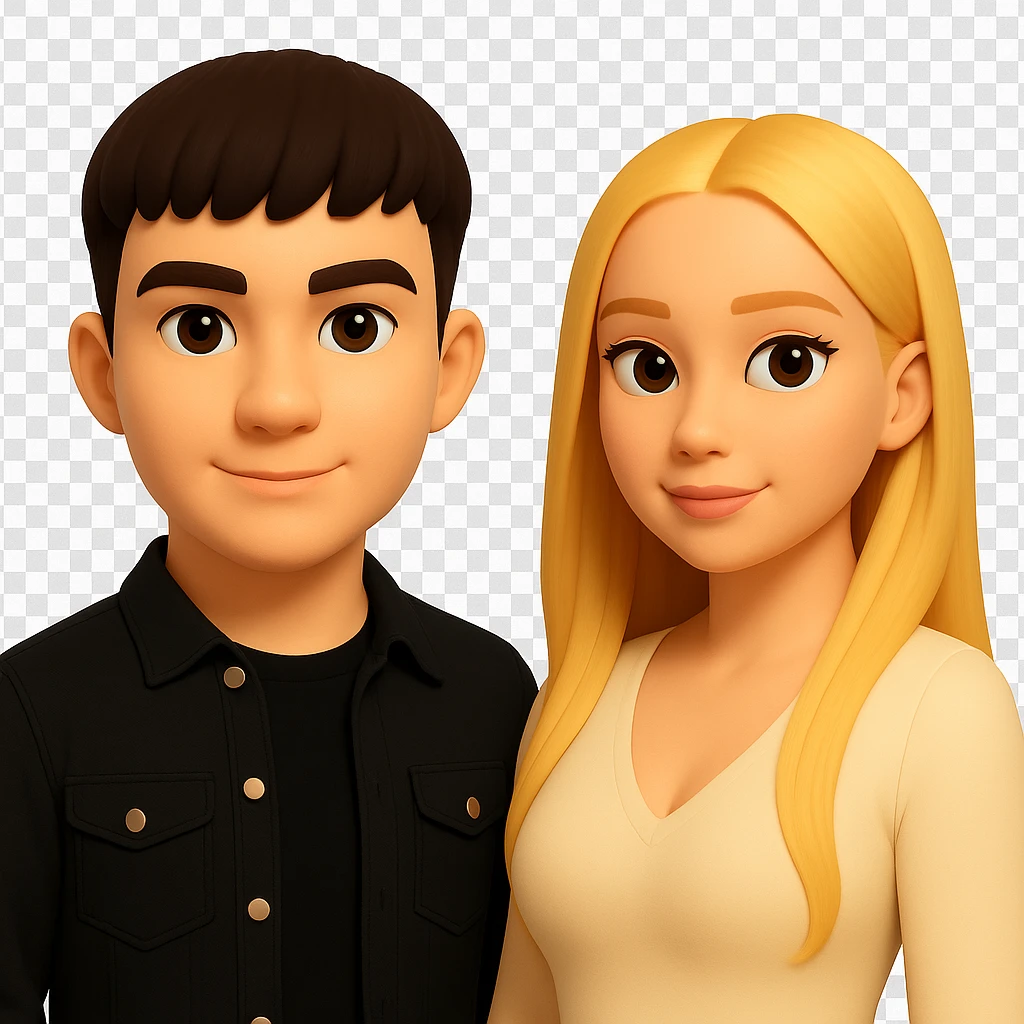 Slightly increase the volume of the upper body of the girl, separate the girl and the boy from each other, make the skin color the same for both characters. Maintain the cartoonish 3D style. Keep the background transparent. emoji