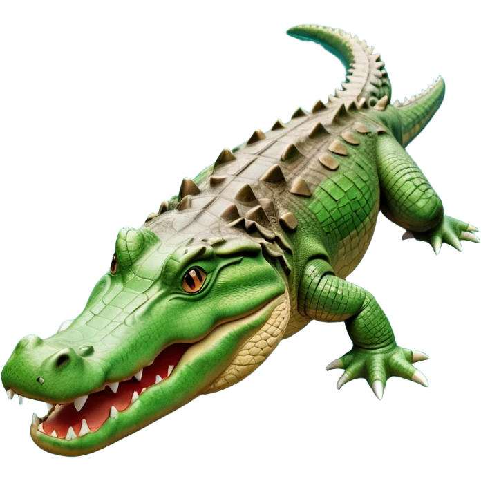 cinematic-crocodile-realistic-full-body-on all fours-emoji,-massive-scaled-body-partially-submerged-in-shallow-water,-head-tilted-dramatically,-rough-green-and-brown-hide-textured-with-deep-ridges,-simplified-yet-realistic-focused-features, head held high emoji