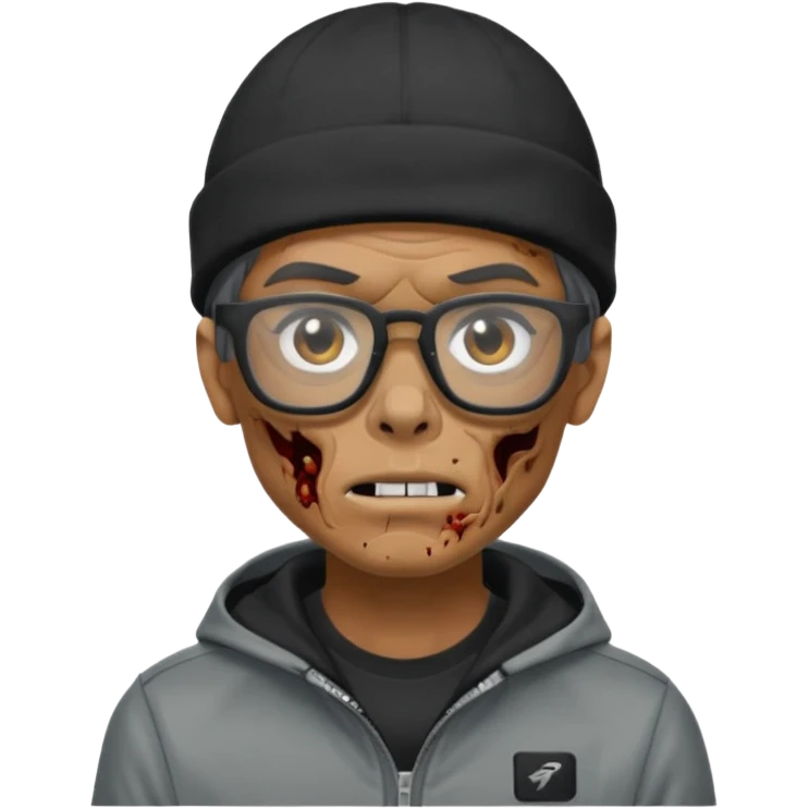 Hazme un zombie con gafas cuadradas y el marco negro y un gorro negro y un saco Nike tech gris y haz el personaje moreno  emoji