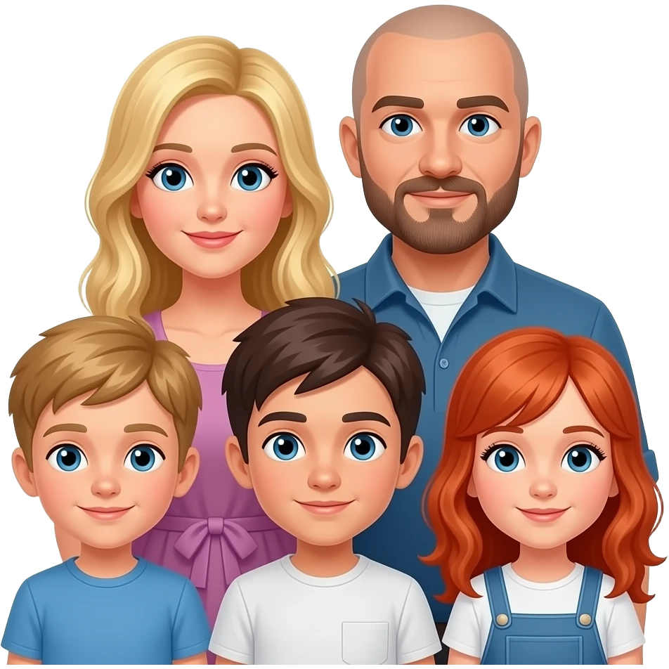 Blonde wife, bald husband with beard, brunette daughter, blonde 2nd boy kid, dark hair 3rd son, red head girl emoji