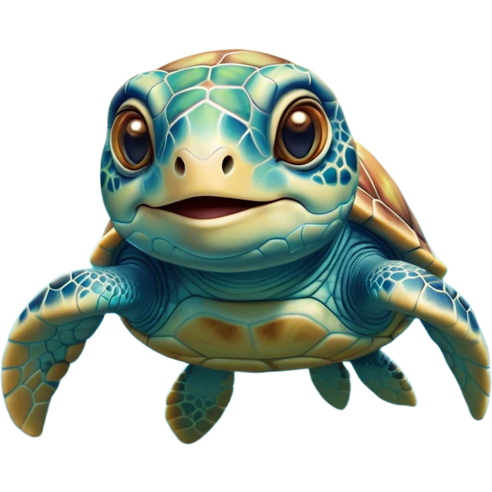 Cinematic Realistic Cute Sea Turtle Portrait Emoji, Head tilted playfully and inquisitively, featuring a compact, gentle form with a beautifully detailed shell adorned with natural patterns and a soft, expressive face with sparkling eyes, rendered with realistic textures and warm ambient light; high shine, affectionate and spirited, styled with a touch of marine whimsy, soft glowing outline, capturing the essence of a mischievous yet lovable sea turtle that seems ready to swim playfully into your arms! emoji