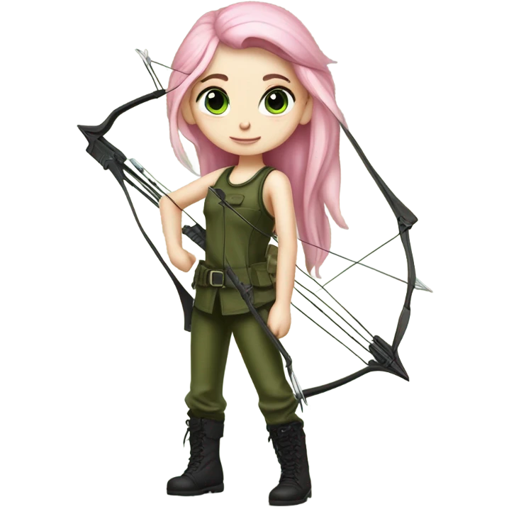 girl armed with bow and arrow, long pink hair, blue eyes, white skin, army green cargo pants, black tank top, black combat boots, elf ears emoji