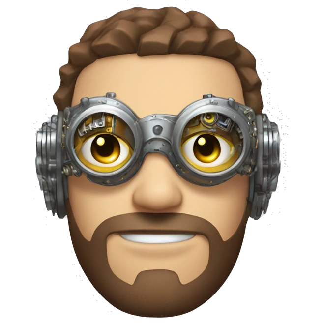 male cyborg head with brown short hair, brown beard, silver steampunk goggles and circuits emoji
