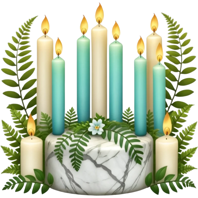 Aesthetic scenic beautiful gorgeous holy divine spiritual pretty elegant sparkly shiny scene of Candles, flowers, marble stone, lush vines, ferns, scenic aesthetic scenery emoji
