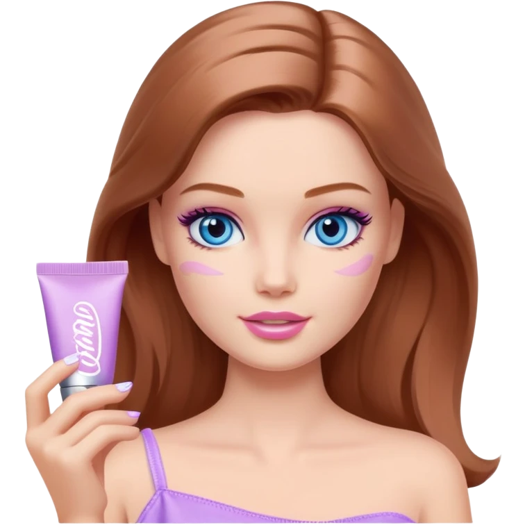 Barbie girl Chestnut Shoulder-length hair and blue eyes is In pale purple smears by hand cosmetic cream on her face emoji