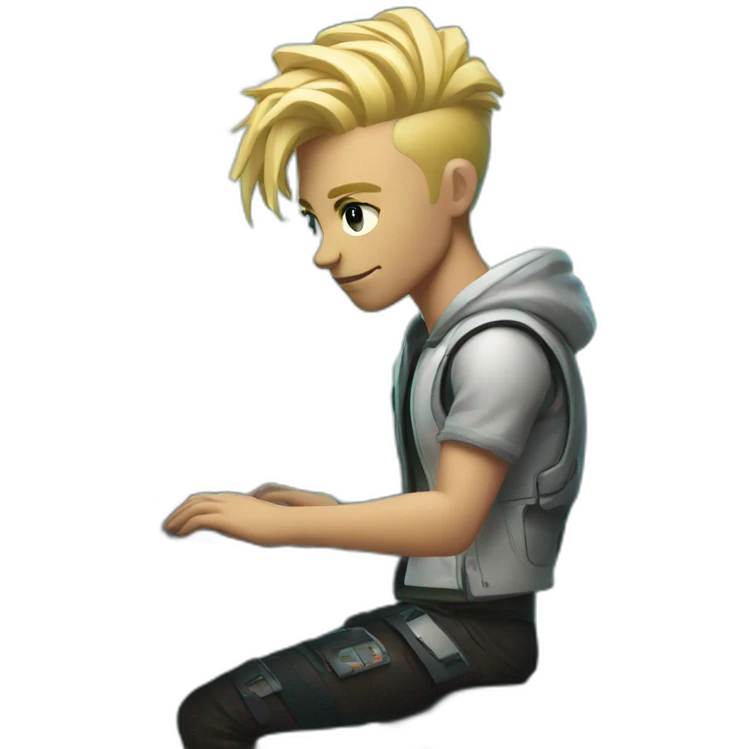 Blond man works at his computer in his cyberpunk room emoji