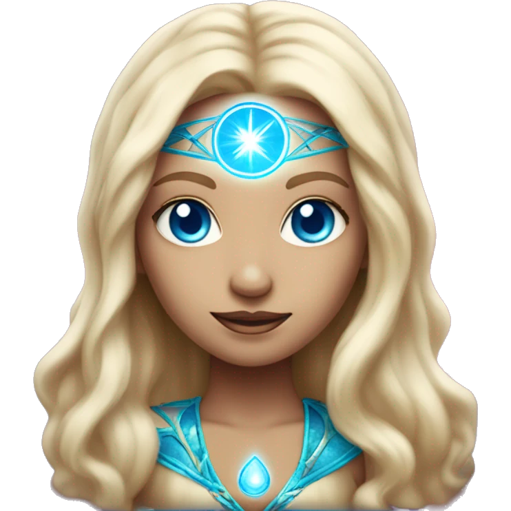 magical diva with thin pink andromedan face long blonde hair and blue eyes glowing third eye emoji