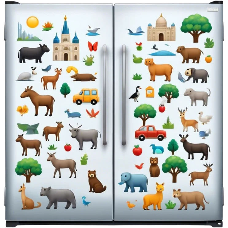 Icon for Magnet Collecting: a close-up of a fridge door covered with a variety of magnets, featuring cities, animals, symbols. The icon should highlight the diversity and charm of magnet collections. Transparent background. emoji