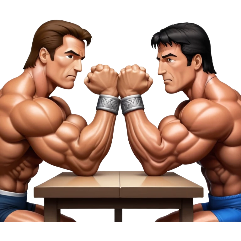 Arnold Schwarzenegger and Sylvester Stallone from 'Over the Top,' locked in an arm wrestling battle, using only their right hands. Their left hands rest on the table. Both display immense strength, with muscular arms flexing, under bright competition lights. Transparent background. emoji