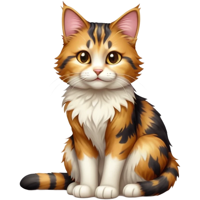 cinematic-[calico tabby cat]-realistic-full-body-sitting-emoji,-tail-curled-playfully-around-its-paws,-head-tilted-dramatically,-scruffy-[calico]-fur,-simplified-yet-realistic-focused-features,-highly-detailed,-glowing-with-an-almost-sarcastic-glow emoji