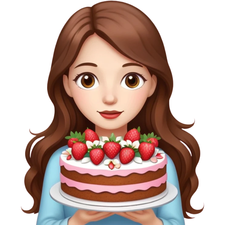 A beautiful girl with long brown hair and flowers holding a strawberry cake emoji