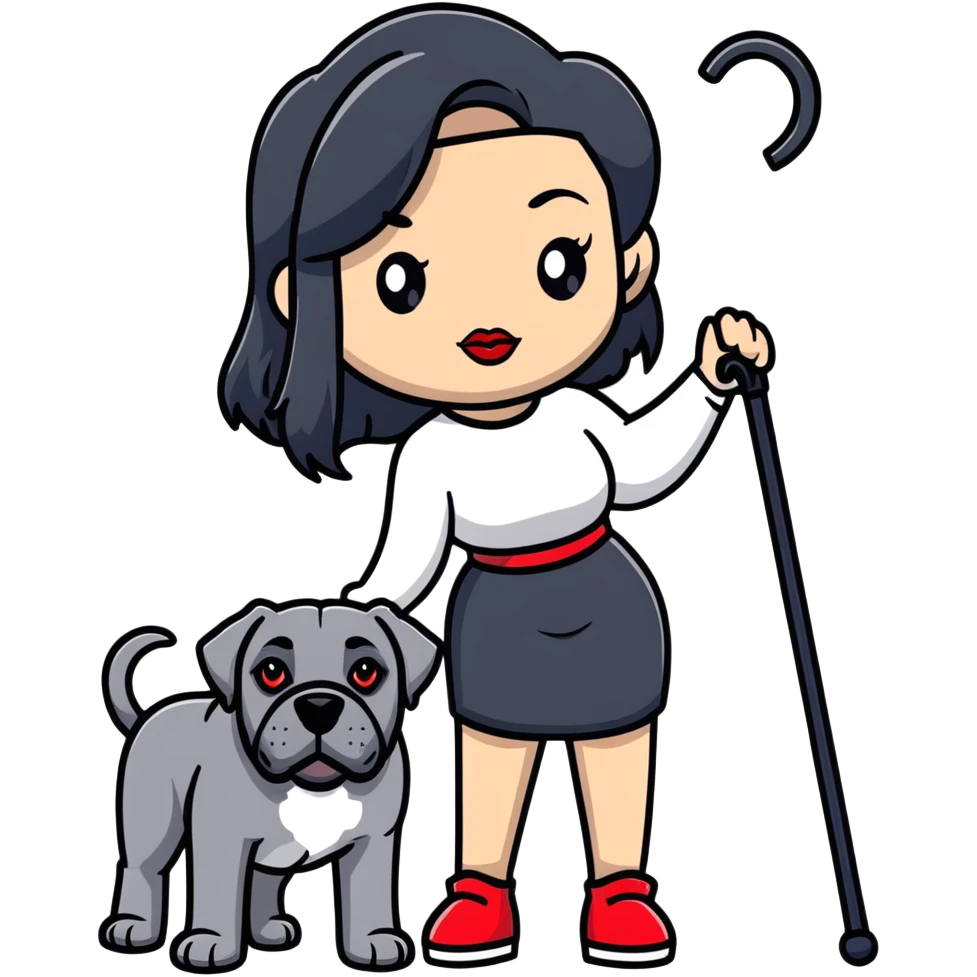 woman with long black hair and red lips next to a black Cane Corso dog with cropped ears and short tail emoji