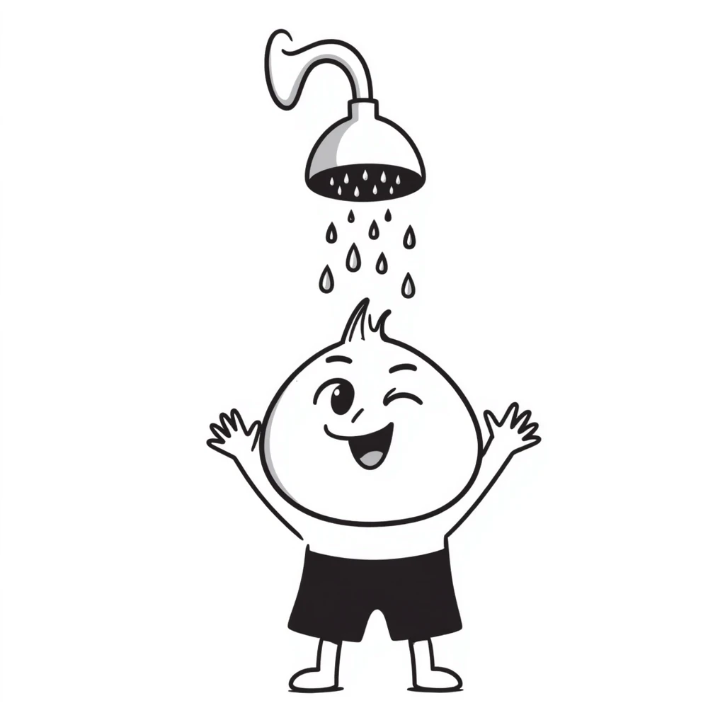 cute onion standing under a showerhead with water droplets falling emoji