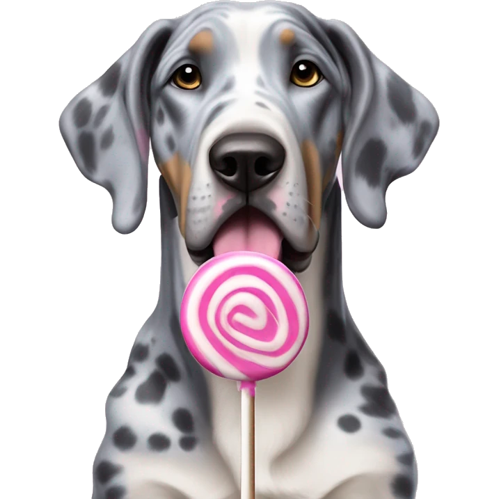 Blue Merle Great Dane holding pink lollipop emoji