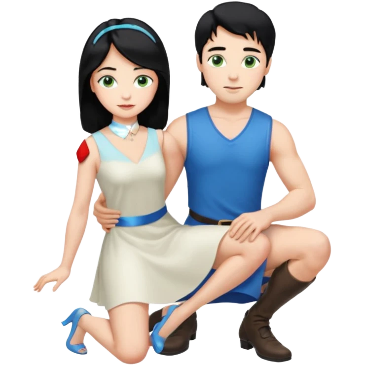 prince, upright, black Hair, blue eyes, Woman, blonde Hair, Green eyes, bending knee, sleveless White Dress, emoji