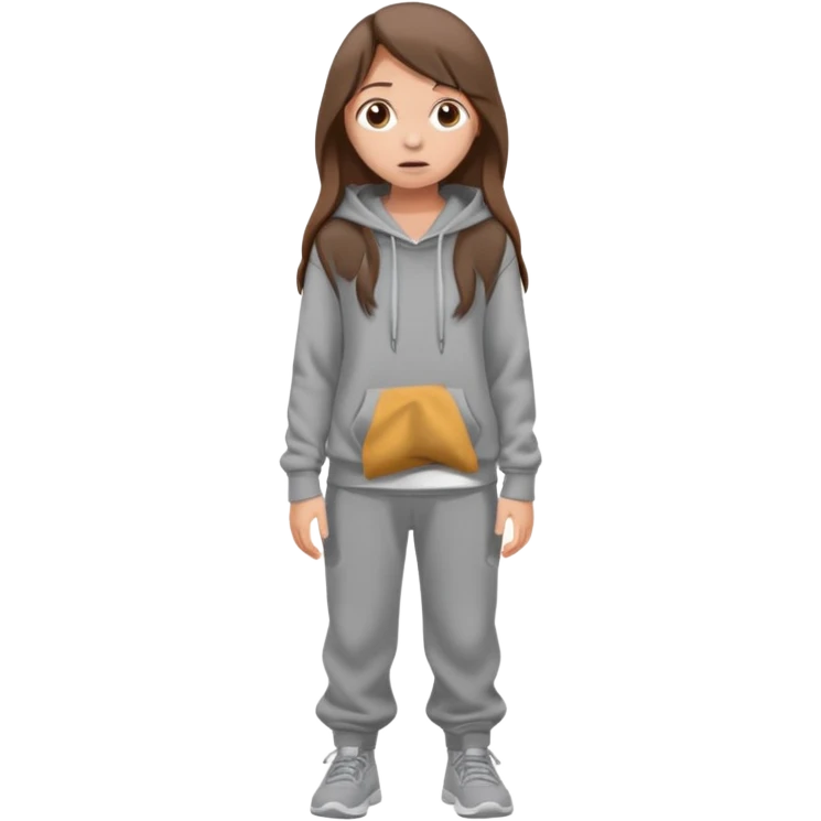Chica grande  asustada de cuerpo completo mirado a la izquierda con pelo castaño largo  pantalones baggy  grises y hoodie gris  emoji