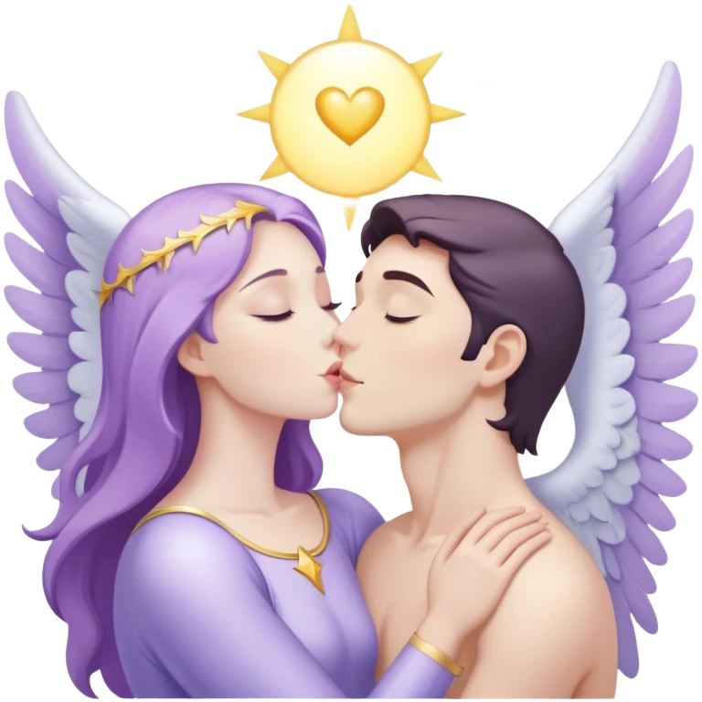 a pastel purple angel woman kisses White brunette man human rays of light emoji
