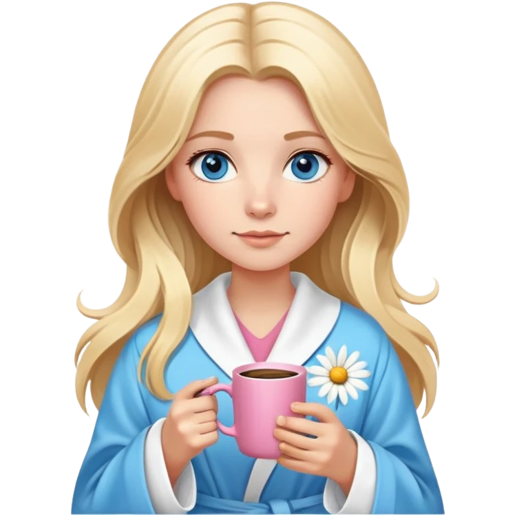 girl
blue eyes
long blond hair with daisy in hair
wearing housecoat
holding a mug of coffee
wearing rose gold apple watch  emoji