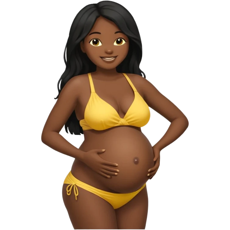Dark black skin, african black Woman with huge pregnant belly, long hair, yellow bikini, bare midriff, full body, side view, smiling. emoji