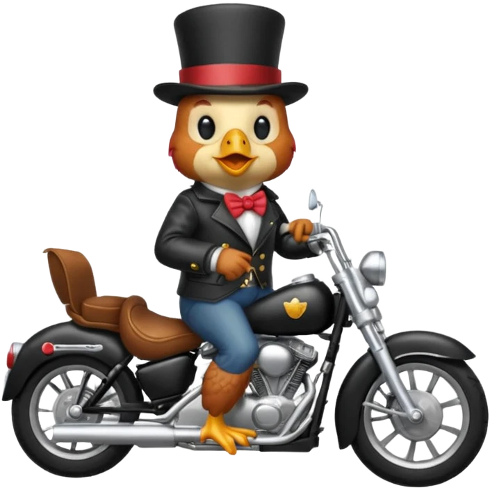 Chicken wearing a tophat a black jacket on a motorcycle emoji