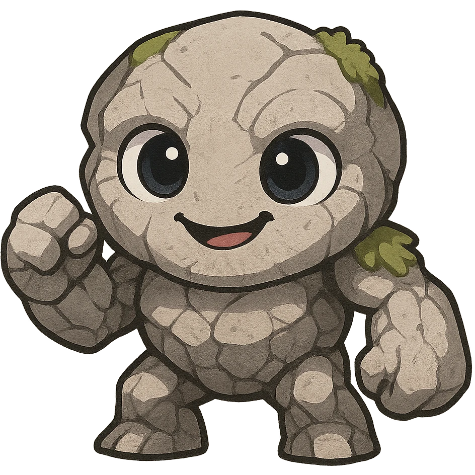 Tiny from Dota 2 in a cute chibi-style cartoon redesign, round proportions, big eyes, playful expression emoji