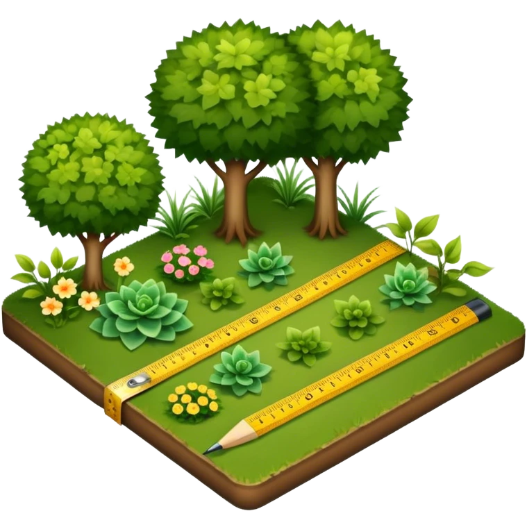 Icon for Landscape Design: a garden layout with plants, trees, paths, and design tools like a ruler, pencil and measuring tape. The icon should represent creativity in outdoor space planning and gardening. Transparent background. emoji