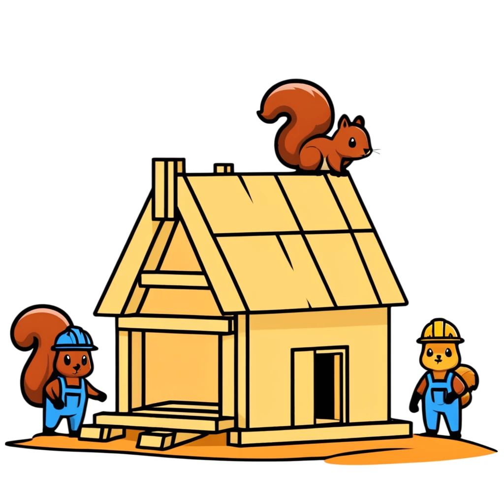 squirrel hut under construction with four workers emoji