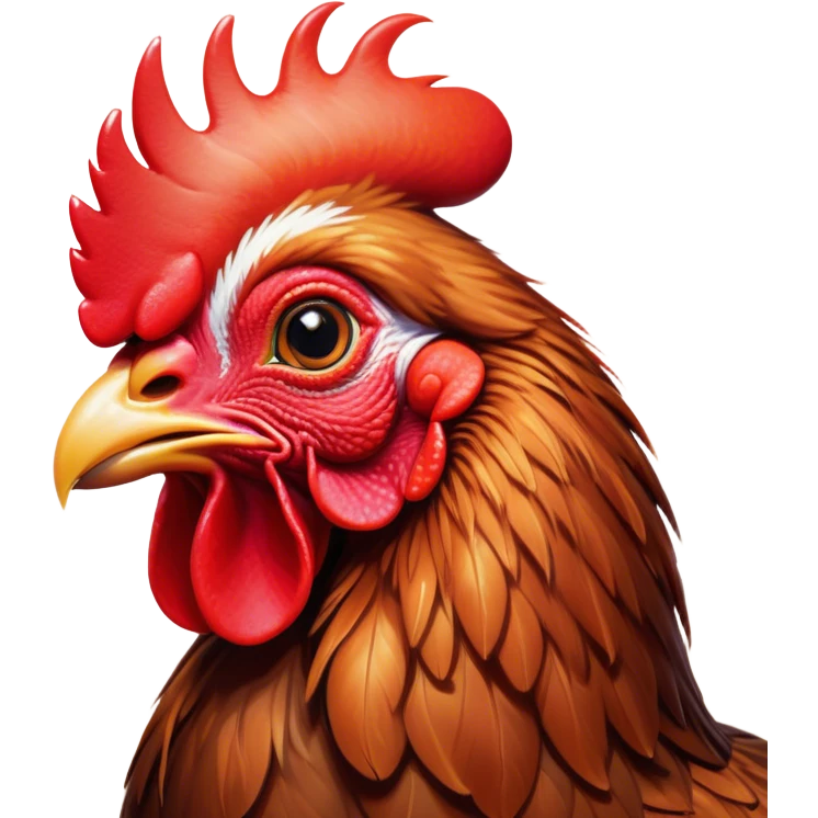 Cinematic Cute Brown Rooster Portrait Emoji, Head tilted playfully and inquisitively, featuring a glossy, immaculate brown plumage with a vibrant red comb, round, sparkling warm eyes filled with curiosity, Simplified yet irresistibly adorable features, highly detailed, glowing with a warm, friendly glow, high shine, affectionate and spirited, stylized with a touch of farmyard whimsy, bright and endearing, soft glowing outline, capturing the essence of a mischievous yet loving rooster, so playful it feels like it could strut out of the screen and into your arms! emoji