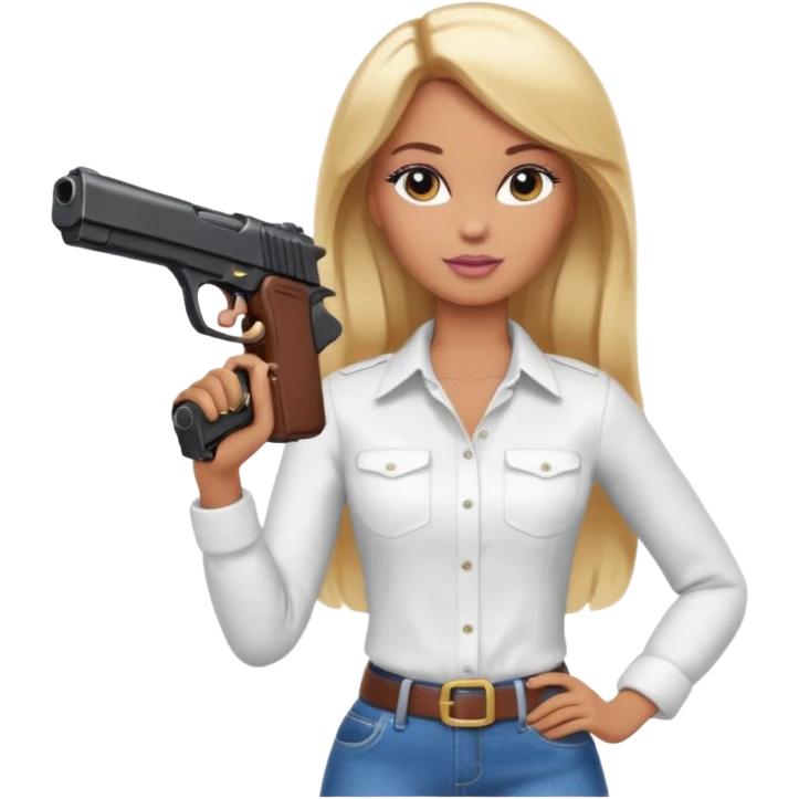 Brown skin blonde hair barbie wearing white shirt holding a black gun emoji