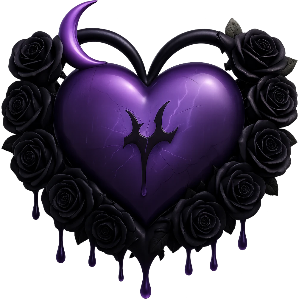 Make the black roses much more prominent and detailed, keeping the gothic heart, purple glass, crescent moon with dripping effect, faint lightning, misty rain, cracked glass with misty glow, in the style of 3D emoji style, with no background. emoji