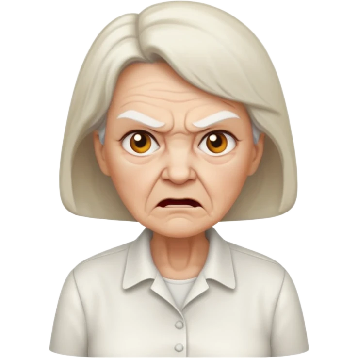 a portrait of angry elderly woman, wearing shirt emoji