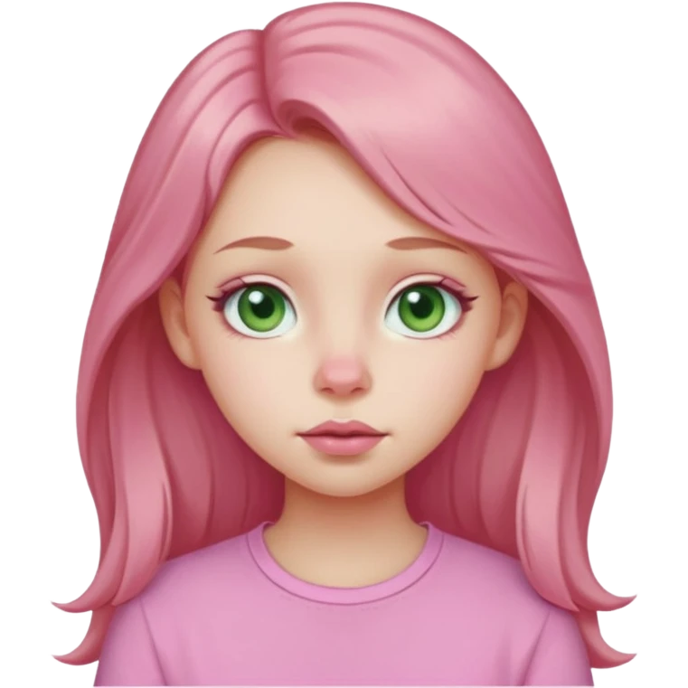 Pale girl, pink nose, cheeks, nose, chin, long light brown hair, Pink full lips, doe eyes, light green eyes wearing cute pink shirt emoji