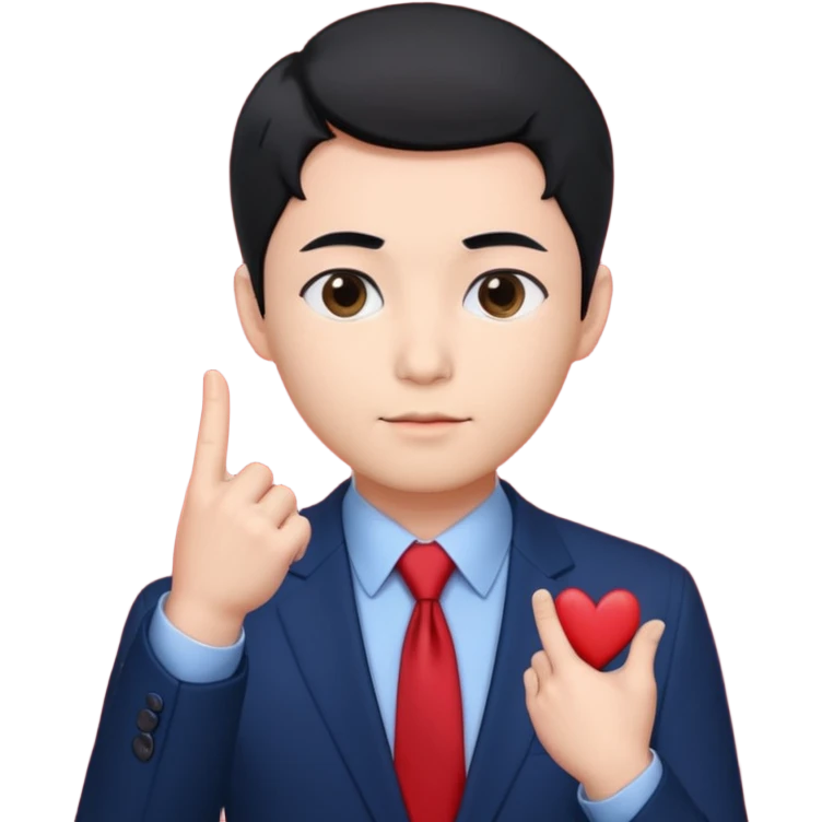 A man in very black short hair with all back hair style, wearing dark blue suit and red tie, making a Korean finger heart like photo emoji