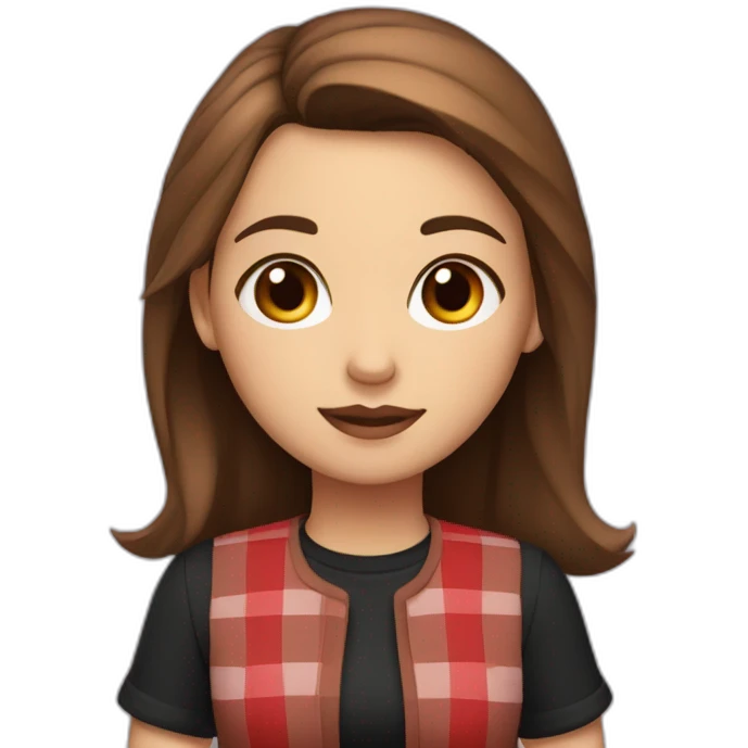 2d girl with brown hair and brown eyes a black shirt and a red checked skirt sitting emoji