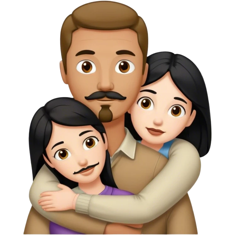 Tall tan man with brown mustache and goatee hugging a short pale woman with long black hair emoji