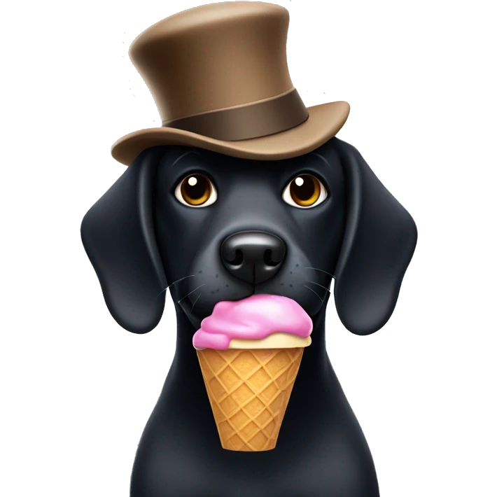 Black dog eating ice cream with hat on emoji