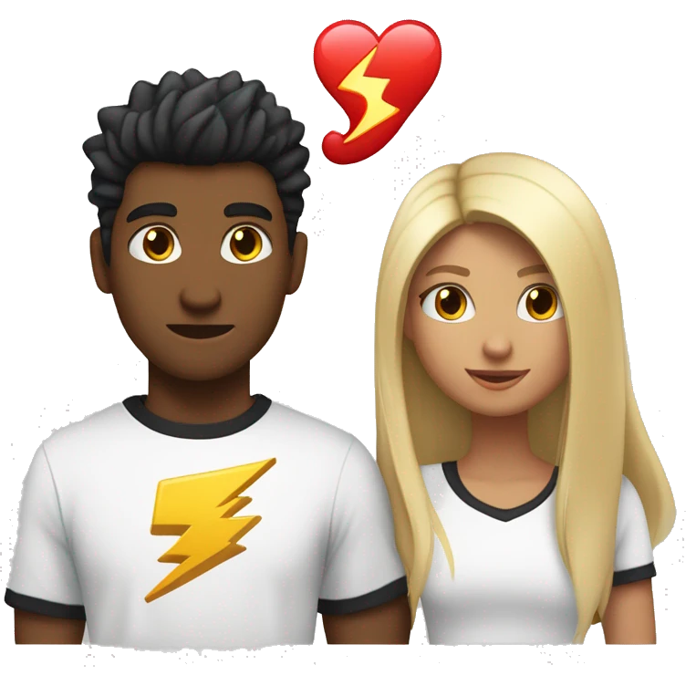 An emoji of a young girl with long blonde hair standing next to her boyfriend, who has black hair styled with the front spiked up. A heart symbol is between them, and the boy's T-shirt features a lightning bolt. emoji