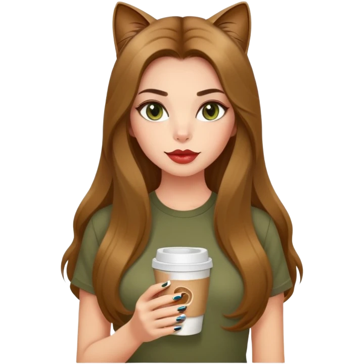 Pretty girl with thick voluminous long hair no bangs with full lips cat eye with tight t shirt holding a to-go coffee and long nails. Olive skin.  emoji