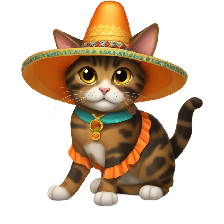 Tortoiseshell cat with orange collar wearing a sombrero hat emoji