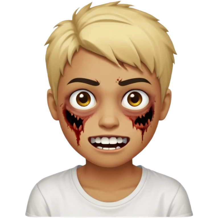 Teenager. Short buzz, messy blonde hair. Dark brown bushy eyebrows large expressive golden-brown eyes, brown skin color, scar over nose, wearing a plain white t-shirt. Crooked grin showing imperfect teeth, one side raised higher than the other, zombie-like smile . brown skin color.  emoji