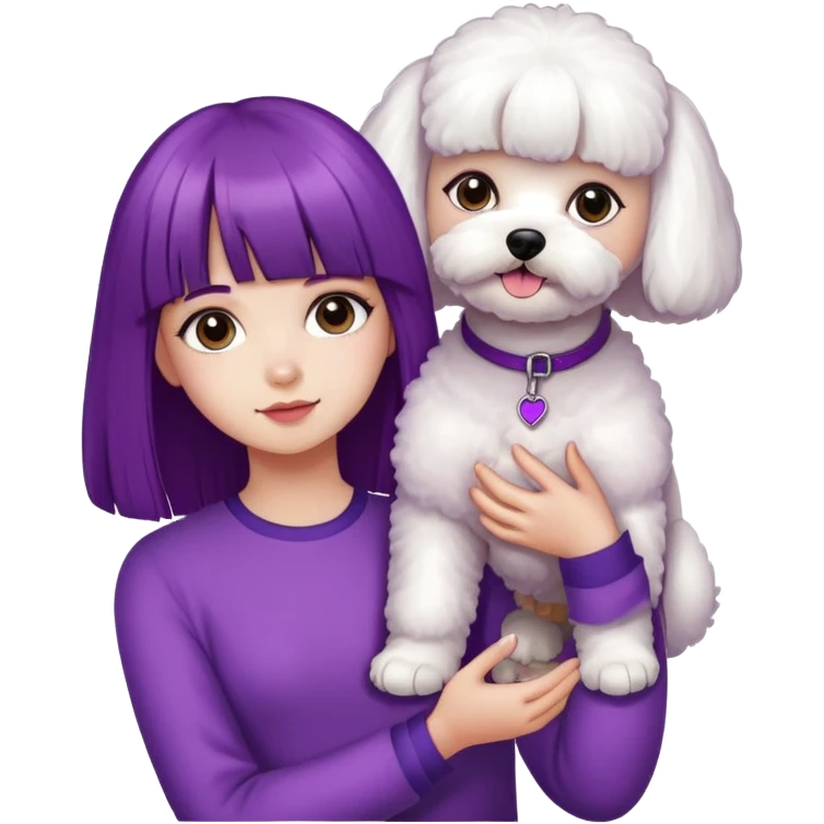 A girl with a straight fringe and purple long hair is holding a Bichon Frise. emoji