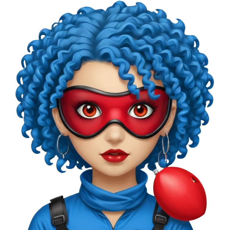 blue curly haired paintball playergirl with huge earrings, wearing red paintball eye mask, emoji