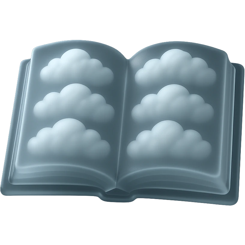top view of a thick open book made entirely of small, very bright white fluffy convex clouds, matte glass style, no background emoji