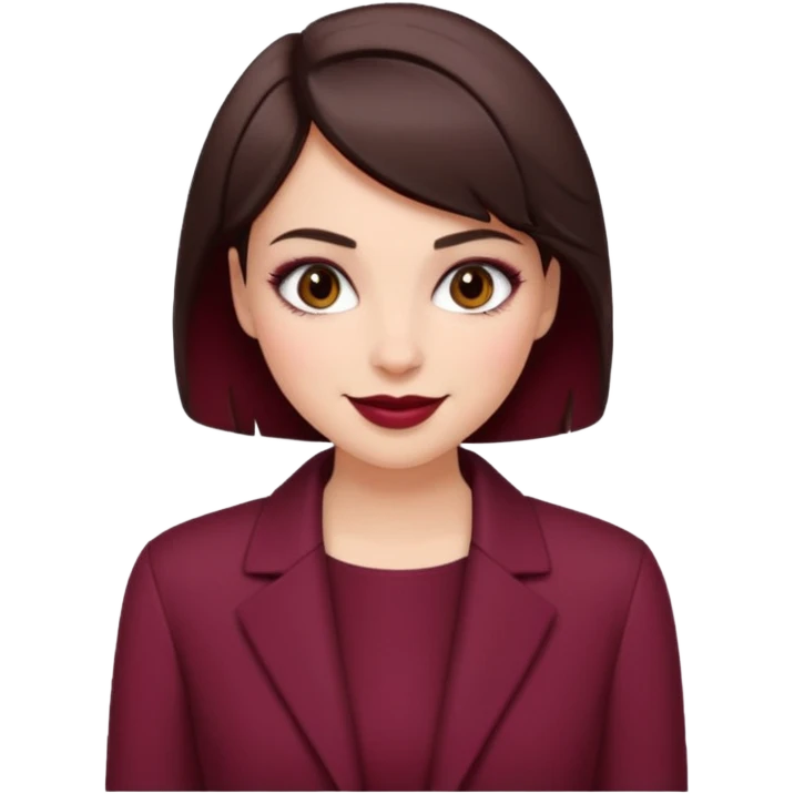 brunette girl, short hair, burgundy clothes, trendy heavy makeup, smiling emoji