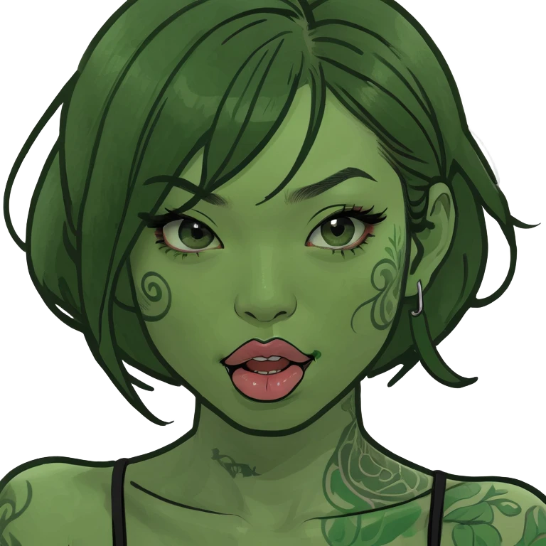 Beautiful Asian girl with tattoos on her body biting her lip emoji