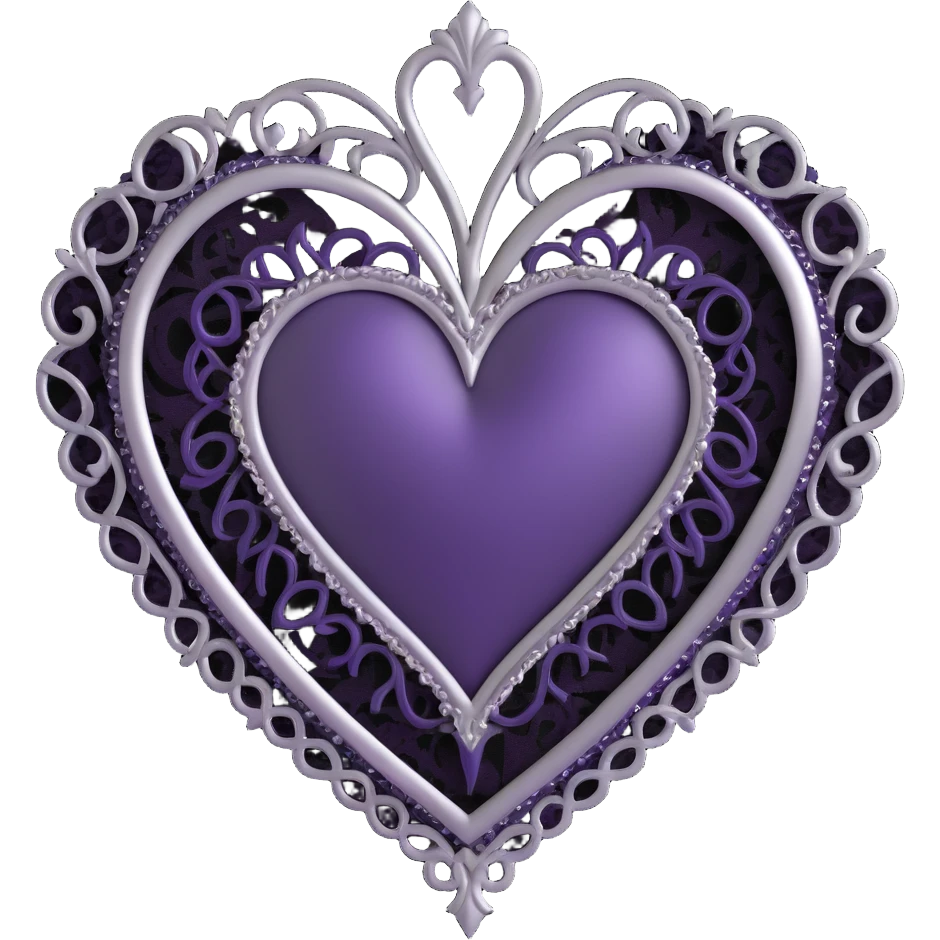 gothic heart, deep purple satin, ornate silver filigree, black lace trim, moody and elegant emoji